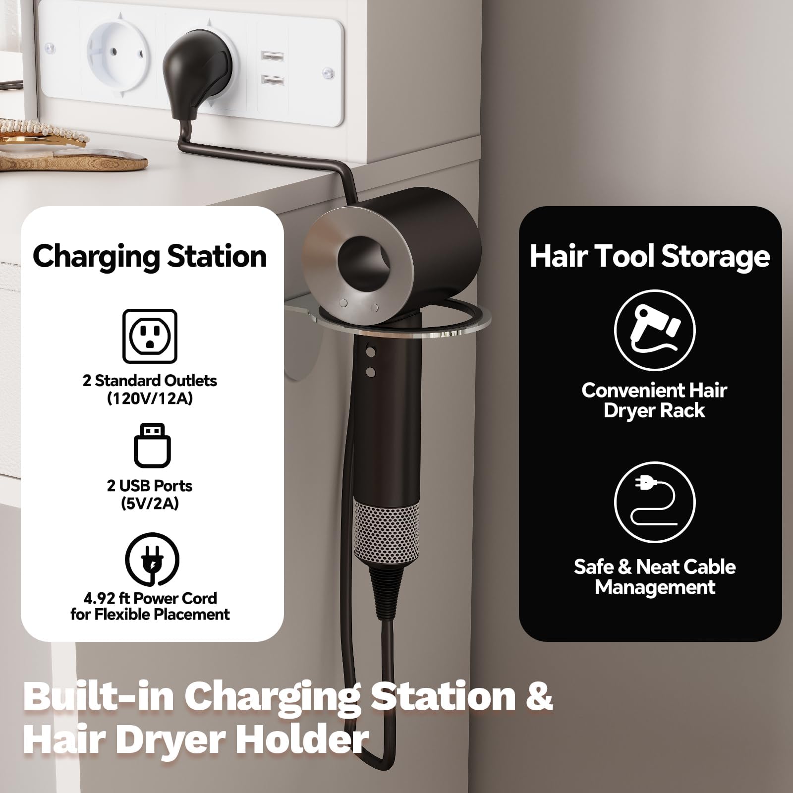 GARVEE Coiffeuse avec miroir LED et tabouret rembourré, 3 modes d’éclairage, charge intégrée et grands rangements, idéale pour chambre, blanc