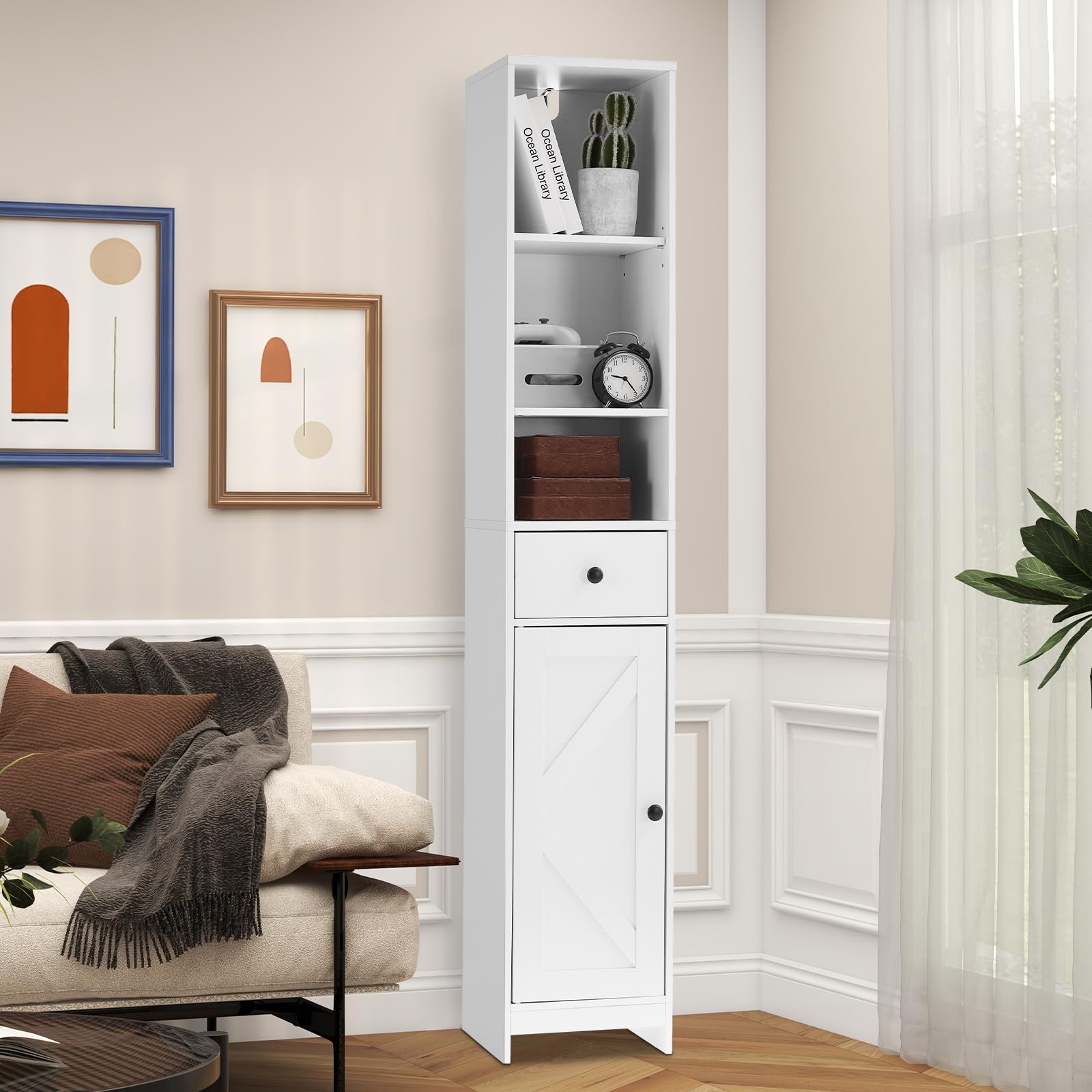 Meuble de salle de bain Garvee de 170 cm de haut avec portes coulissantes, 3 niveaux, bois noir, polyvalent pour salle de bain et couloir, mince