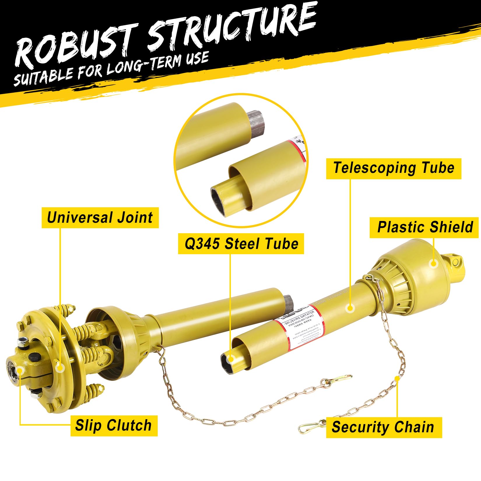 Arbre de transmission de prise de force Garvee 1-3/8 po avec embrayage à friction, 6 extrémités cannelées, réglable de 31,5 à 41 po, en acier, avec protection pour tracteur et tondeuse