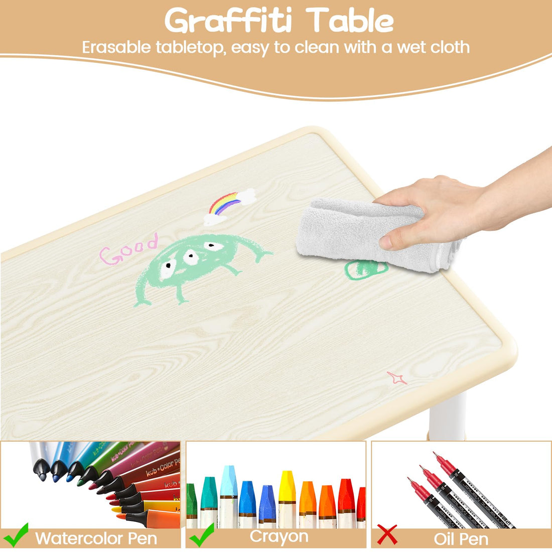 Garvee Ensemble Table et 6 Chaises pour Enfants, Hauteur Réglable, Plateau en Bois Motif Graffiti, Pieds Antidérapants, 120 × 60 cm, Bois Naturel