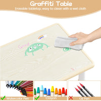 Garvee Ensemble Table et 6 Chaises pour Enfants, Hauteur Réglable, Plateau en Bois Motif Graffiti, Pieds Antidérapants, 120 × 60 cm, Bois Naturel