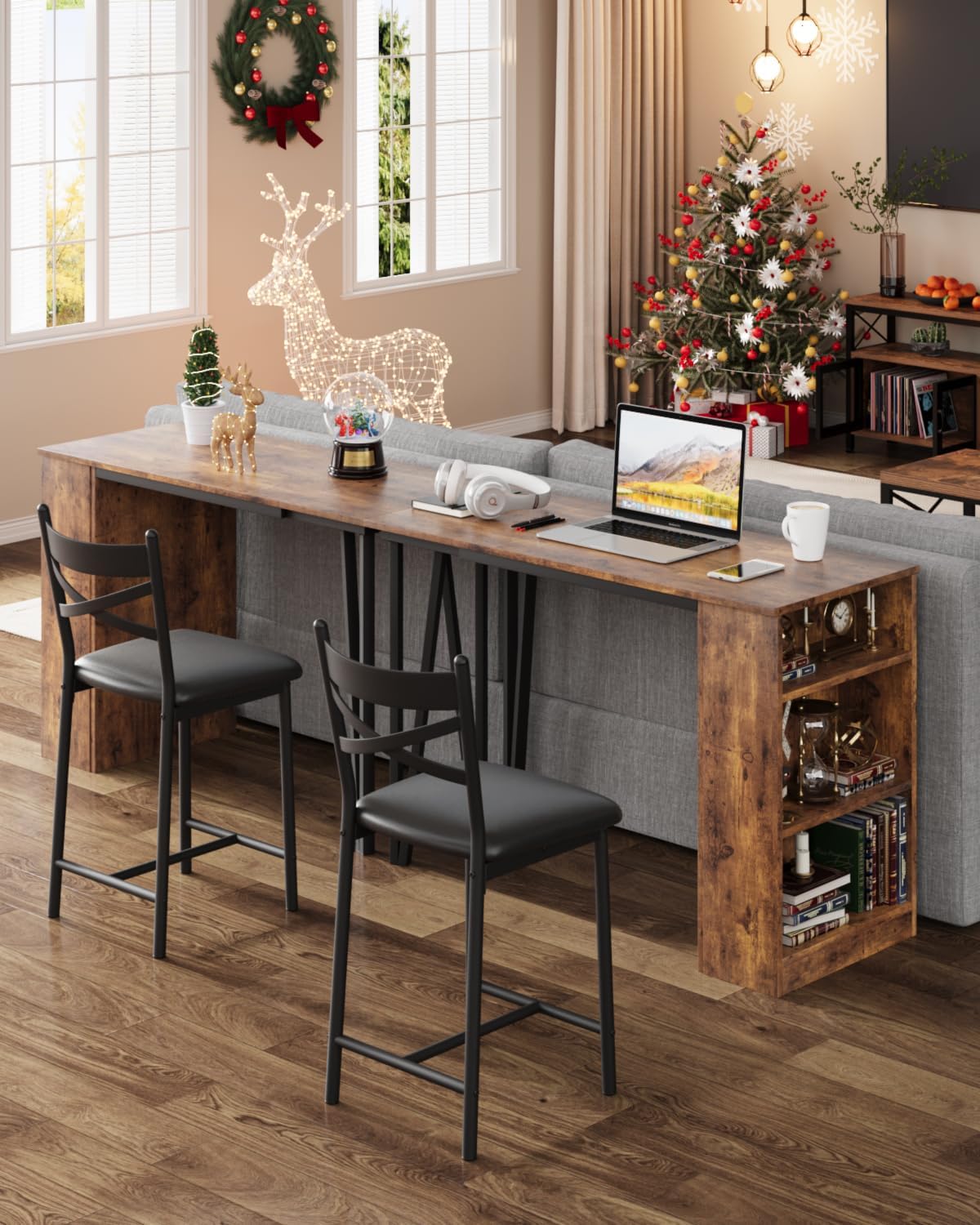 Ensemble table et chaises de bar Garvee 3 pièces, pliable, avec espace de rangement, en acier et bois, coussins ergonomiques, marron, idéal pour les petites cuisines.