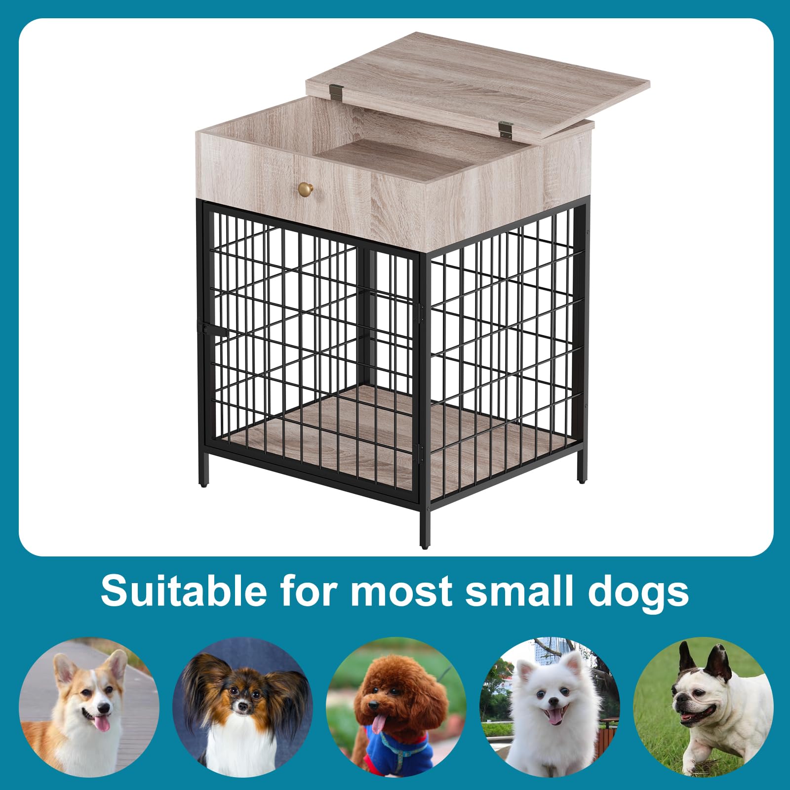 Meuble pour cage de rangement pour chien Garvee, structure en acier, résistant aux jouets à mâcher, avec tiroir, pour petits chiens, table d'appoint d'intérieur, 50 cm (L) x 58 cm (l) x 68 cm (H)