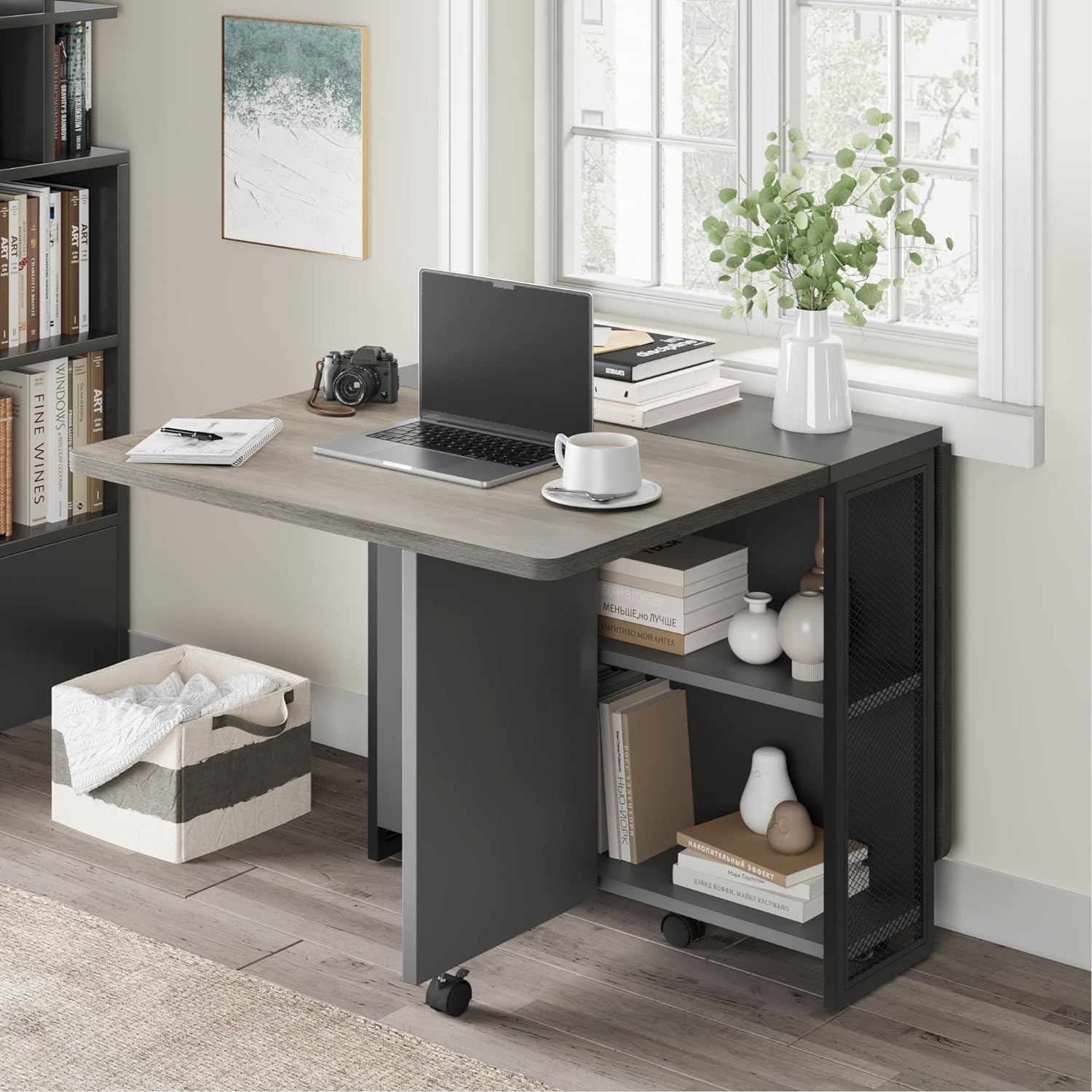 Garvee Table à Manger Pliante Grise avec Rangement 2 Niveaux, Table de Cuisine Extensible à Rabats, Rectangulaire pour 4, Gain de Place, Bureau et Maison