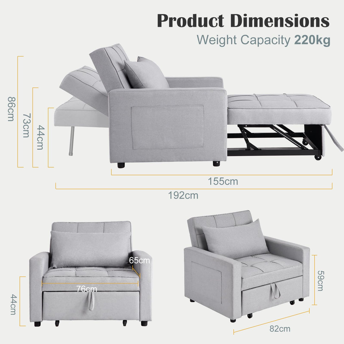 Canapé-lit/fauteuil convertible 3 en 1 Garvee, revêtement en lin, 192 x 96 x 59 cm, gris clair