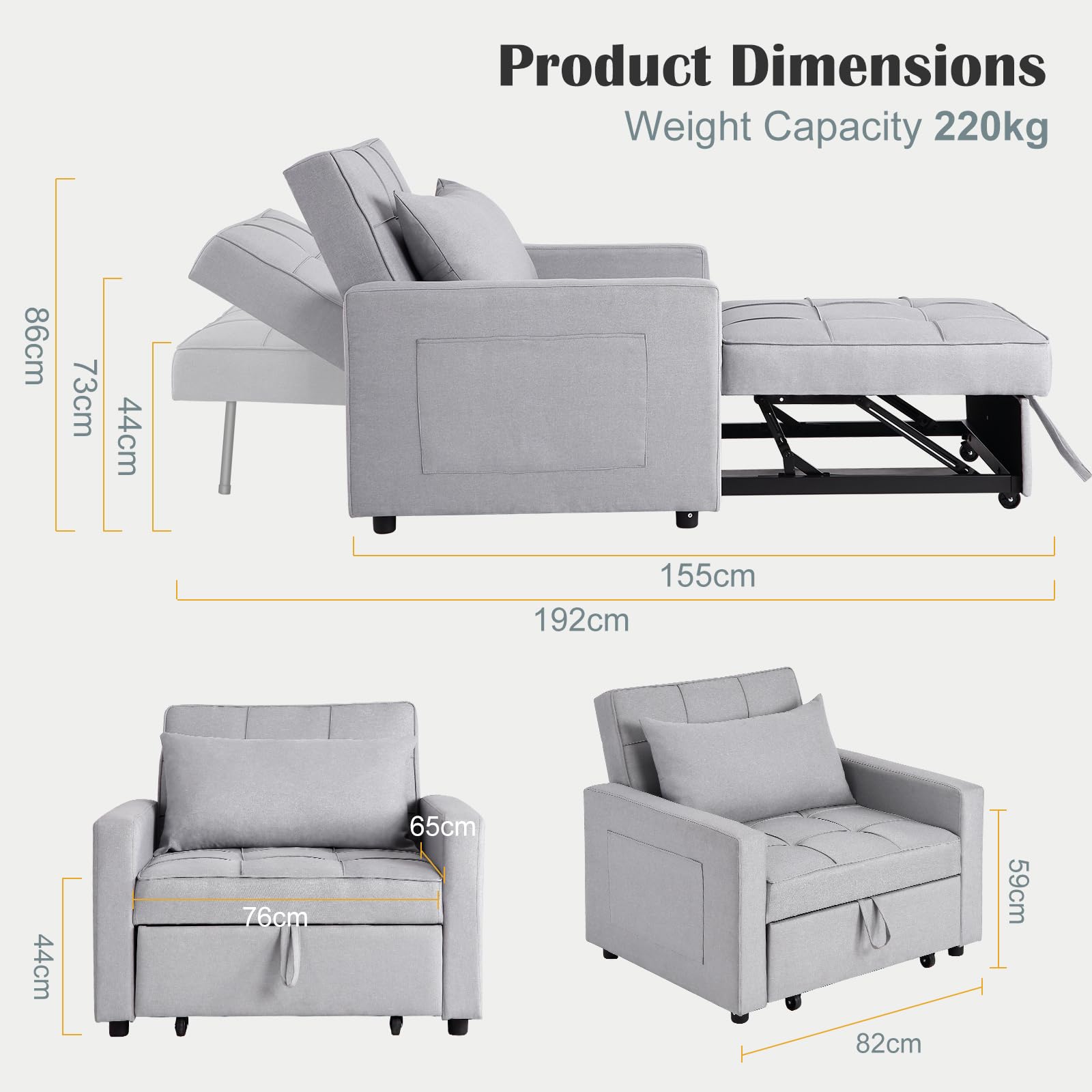 Canapé-lit/fauteuil convertible 3 en 1 Garvee, revêtement en lin, 192 x 96 x 59 cm, gris clair