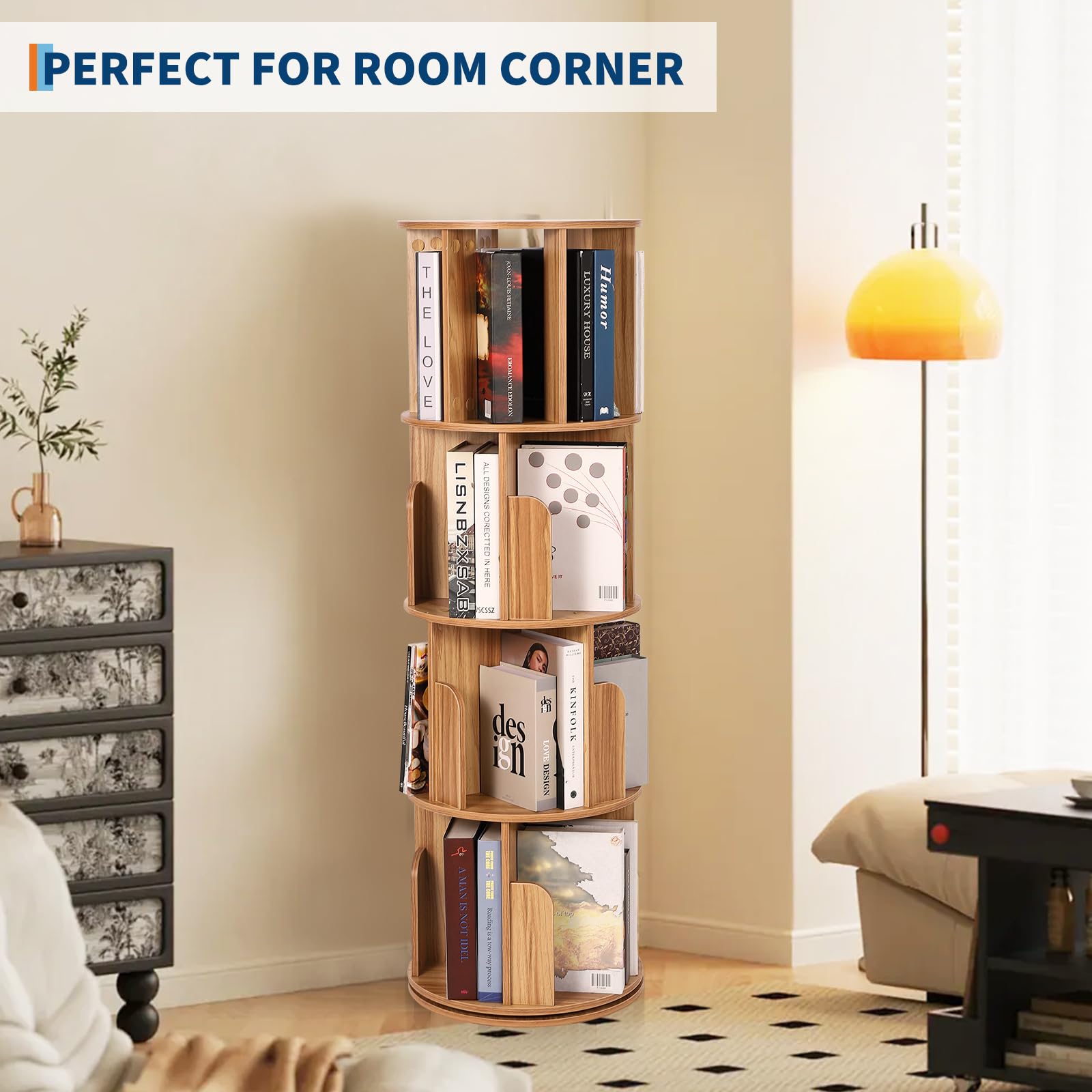 Étagère pivotante en bois Garvee, 4 niveaux, rotation à 360°, multifonctionnelle, idéale pour le salon ou la chambre d'enfant, gain de place.