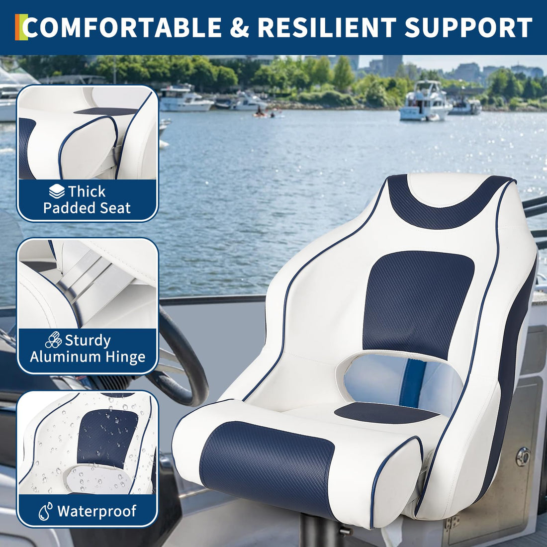 Siège de bateau haut Garvee avec accoudoirs, coussin relevable pliable pour bateaux de pêche et pontons, ergonomique, résistant aux intempéries, charnières en aluminium, antirouille