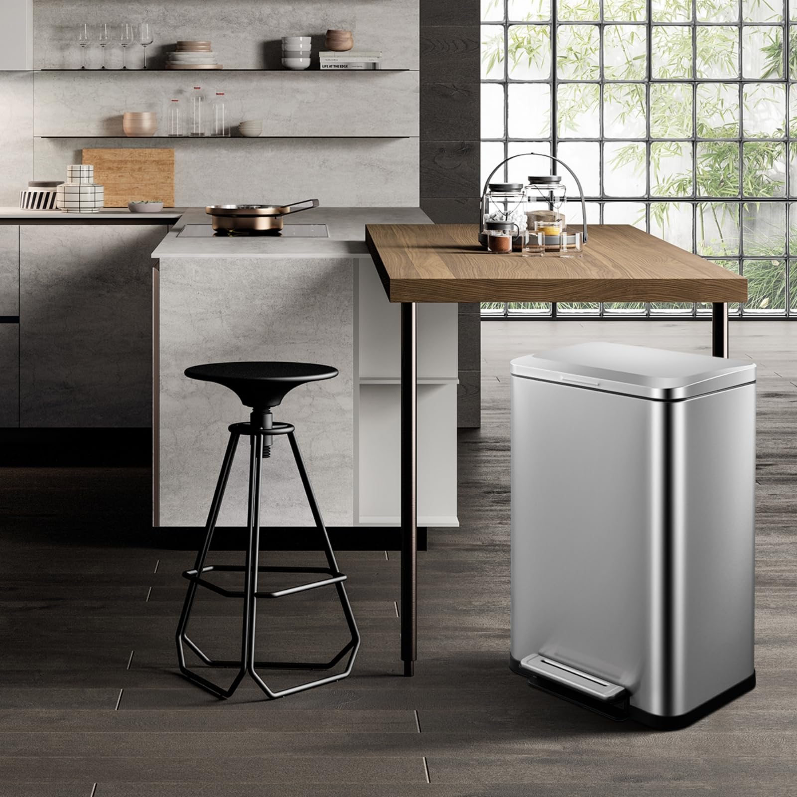 Poubelle Garvee en acier inoxydable 50 L avec pédale, couvercle à fermeture douce, rectangulaire, anti-odeurs, pour la cuisine et la salle de bain, argentée
