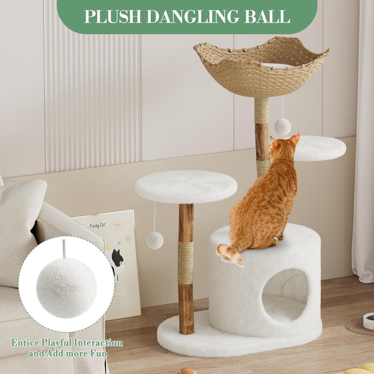Arbre à chat Garvee 43'' en bois naturel avec panier en rotin pour salon, stable pour les grands chats, design moderne, peluche douce