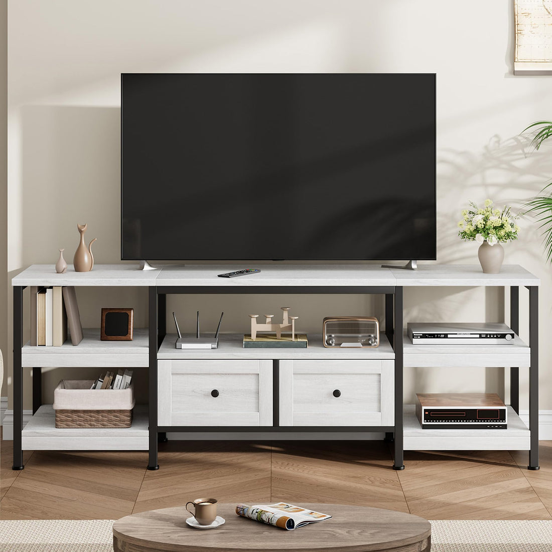 Meuble TV industriel Garvee 71 pouces avec 2 tiroirs, structure en métal, bois MDF, design rustique, blanc, pour salon