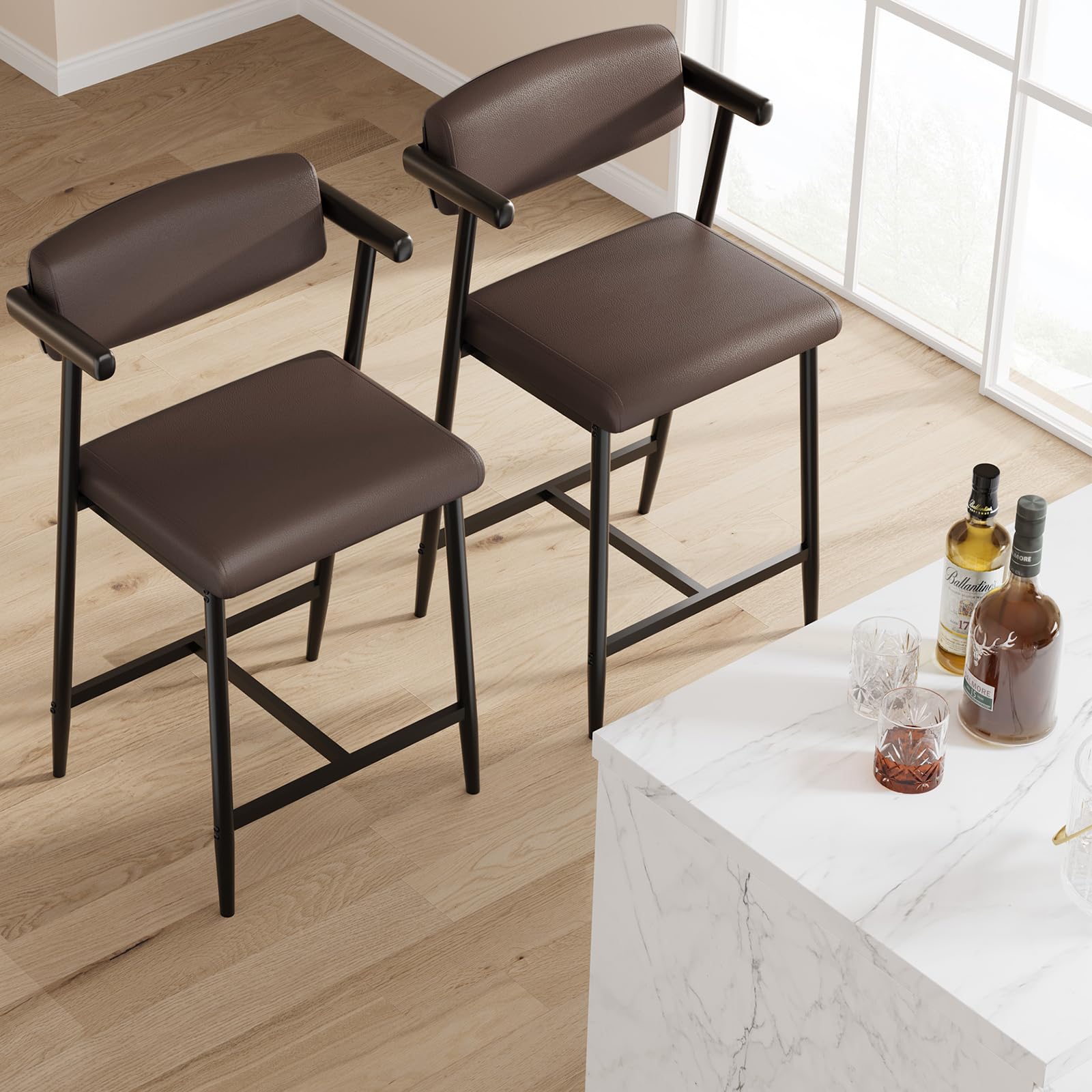 Garvee Tabourets de bar modernes 66 cm avec accoudoirs et dossier, assise large rembourrée, structure métallique, gris et marron, lot de 2