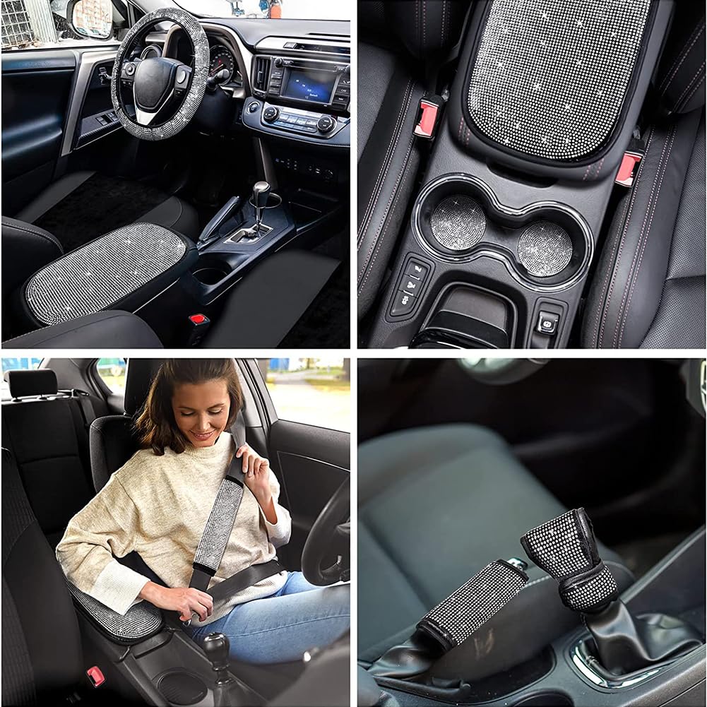 Garvee Ensemble de 15 housses de siège auto scintillantes pour femmes, housse de volant en cristal, matière velours, respirante, intérieur de voiture universel