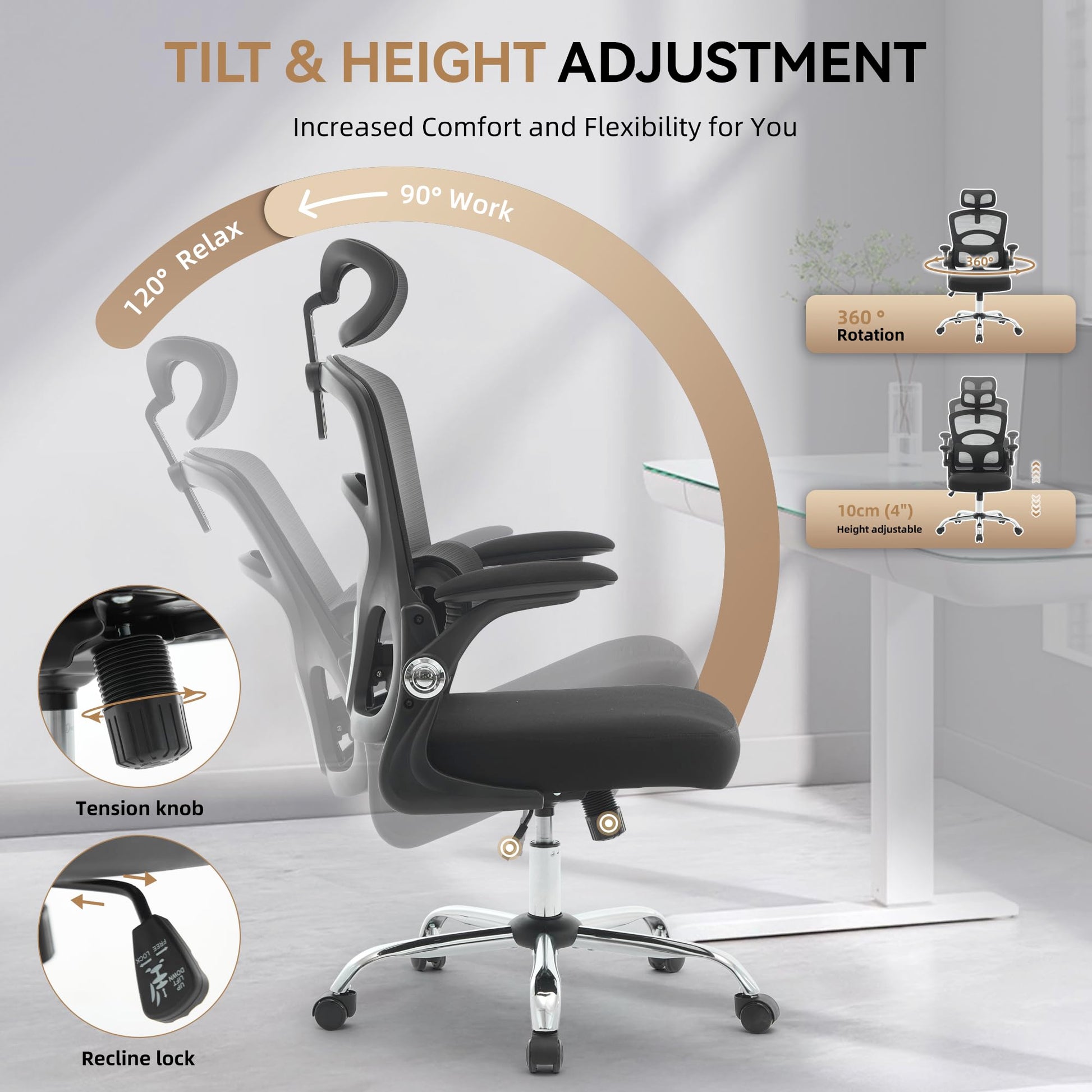 Chaise de bureau ergonomique Garvee en maille avec appui-tête réglable, idéale pour le bureau et le gaming. Dossier haut, base en métal robuste, noire.