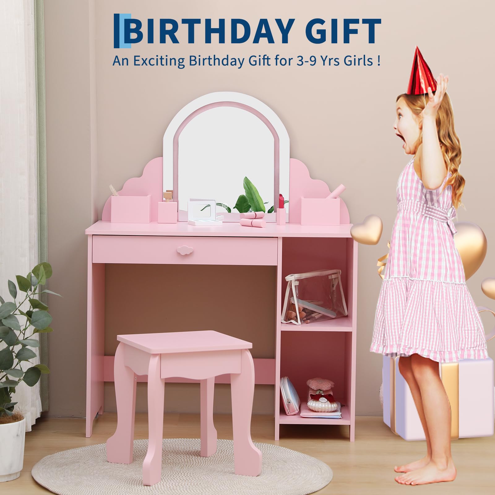 Garvee Coiffeuse Enfant Rose avec Miroir Lumineux, Tabouret, Tiroir et Étagères, MDF Sûr, LED Réglable, 100,33 × 80,01 × 40,13 cm