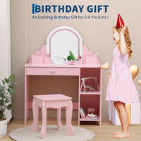 Garvee Coiffeuse Enfant Rose avec Miroir Lumineux, Tabouret, Tiroir et Étagères, MDF Sûr, LED Réglable, 100,33 × 80,01 × 40,13 cm