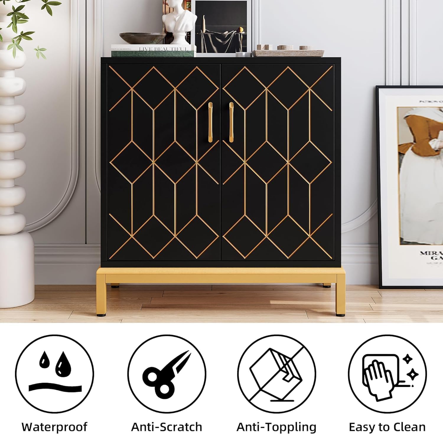 Buffet Garvee avec rangement, étagères réglables, métal, résistant aux rayures et imperméable, noir, pour cuisine et salle à manger, 78,5 cm x 36,3 cm x 84,6 cm