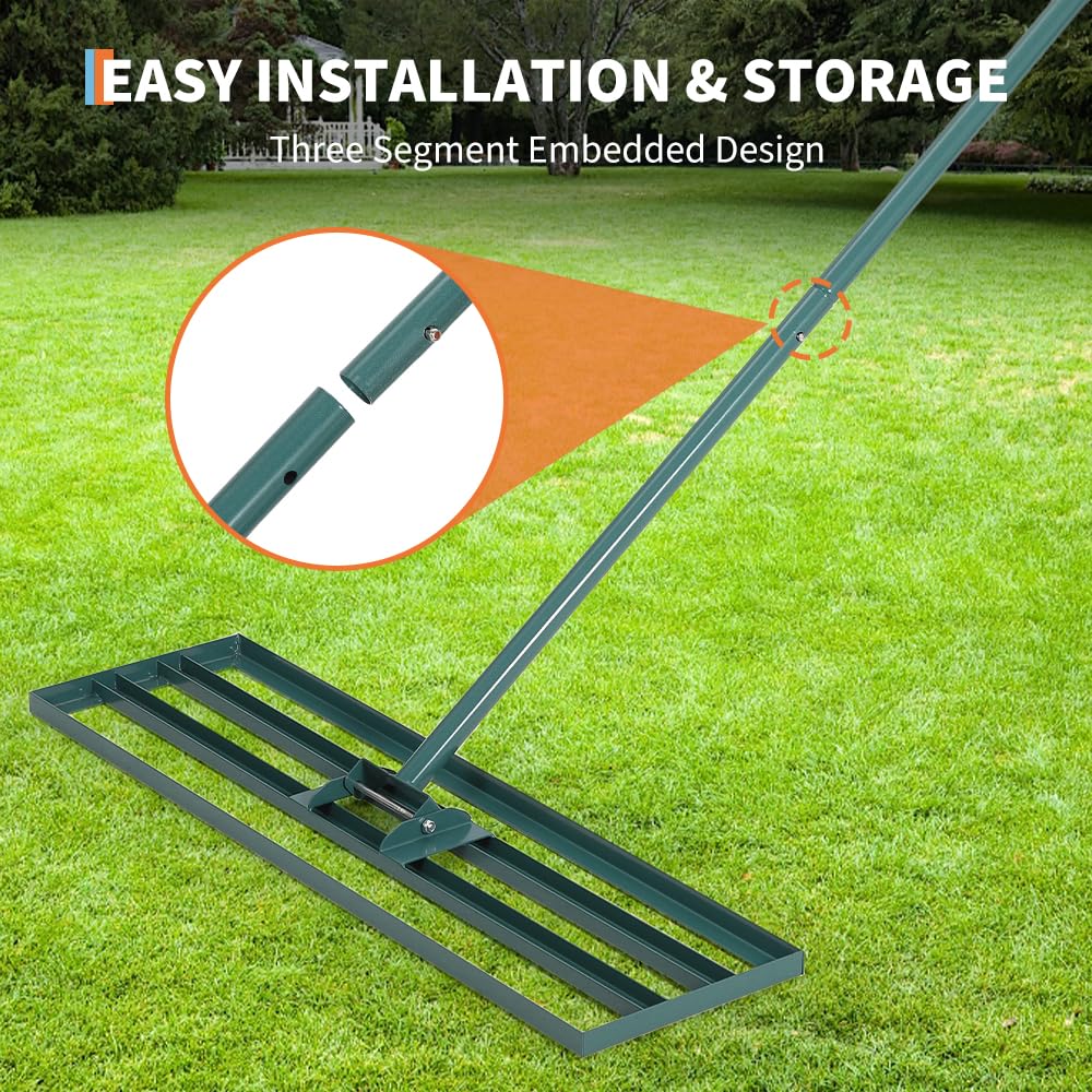 Garvee Râteau niveleur de pelouse 76 × 25 cm en acier robuste avec manche long 198 cm antidérapant pour jardin, terrain et entretien extérieur