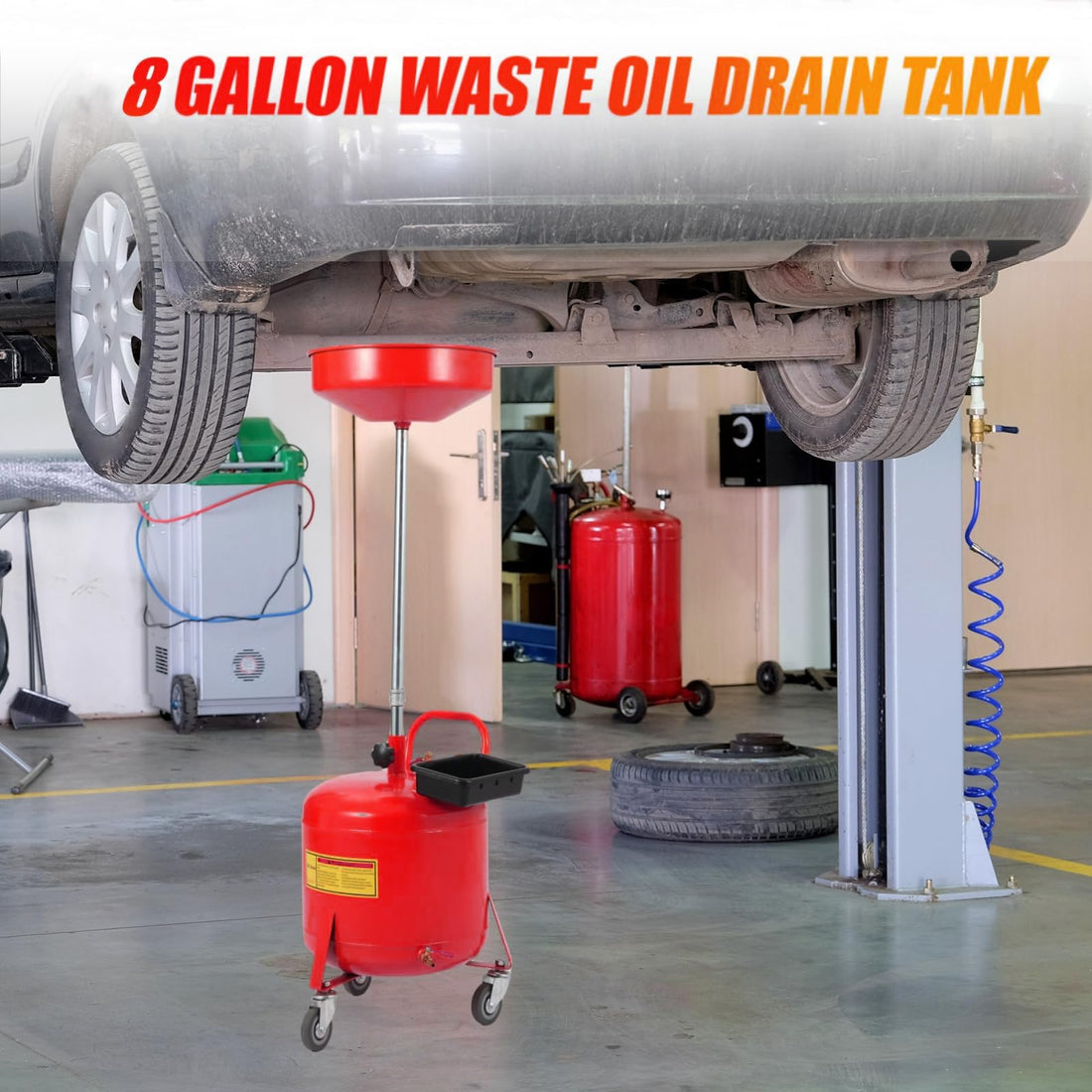 Réservoir de vidange d'huile portable Garvee de 8 gallons avec entonnoir réglable et roues pour atelier, acier, noir