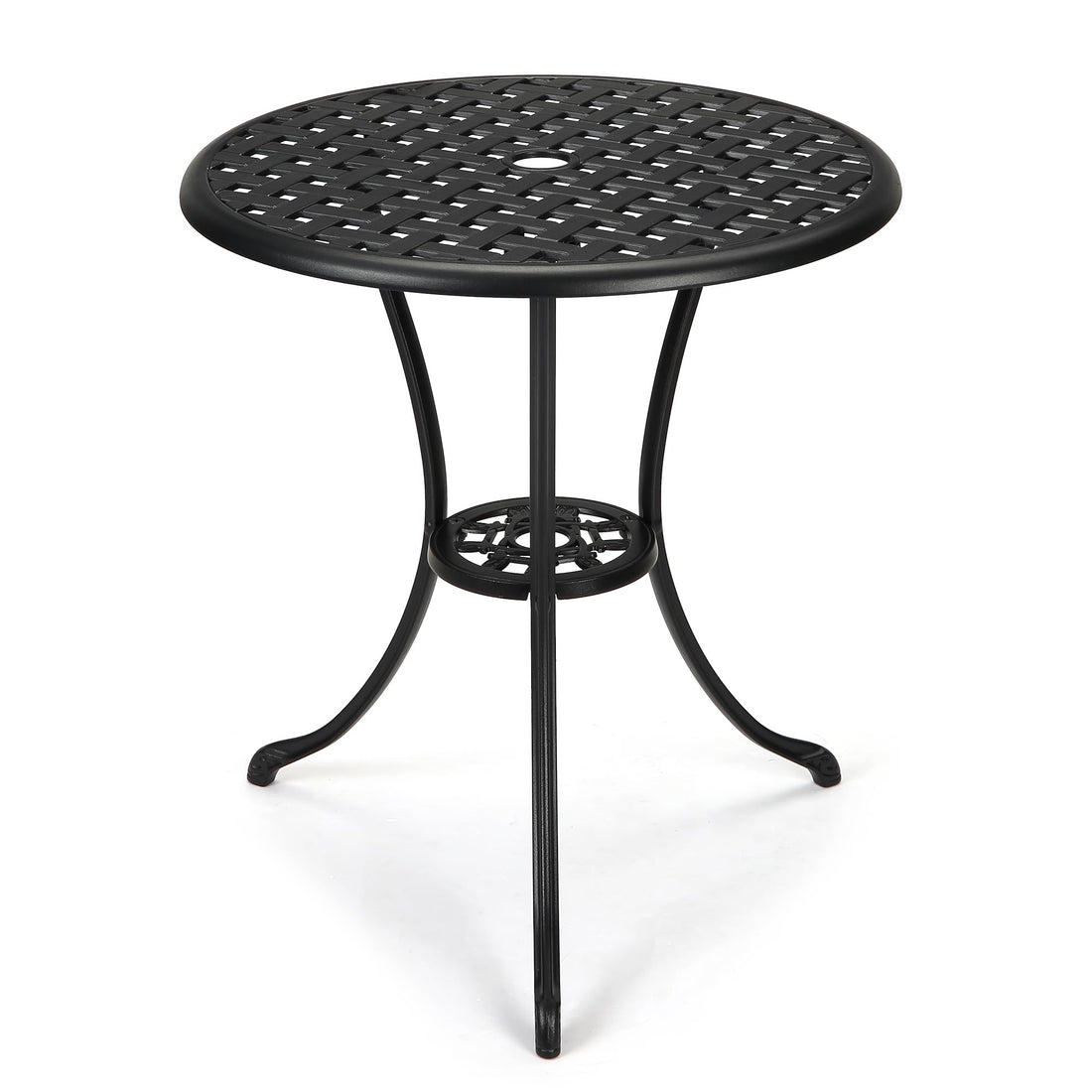 Table de bistrot Garvee Patio ronde de 61 cm (24 po) avec trou pour parasol de 5 cm (2 po), en aluminium résistant aux intempéries et structure en fer robuste, noir classique, pour balcon et jardin.