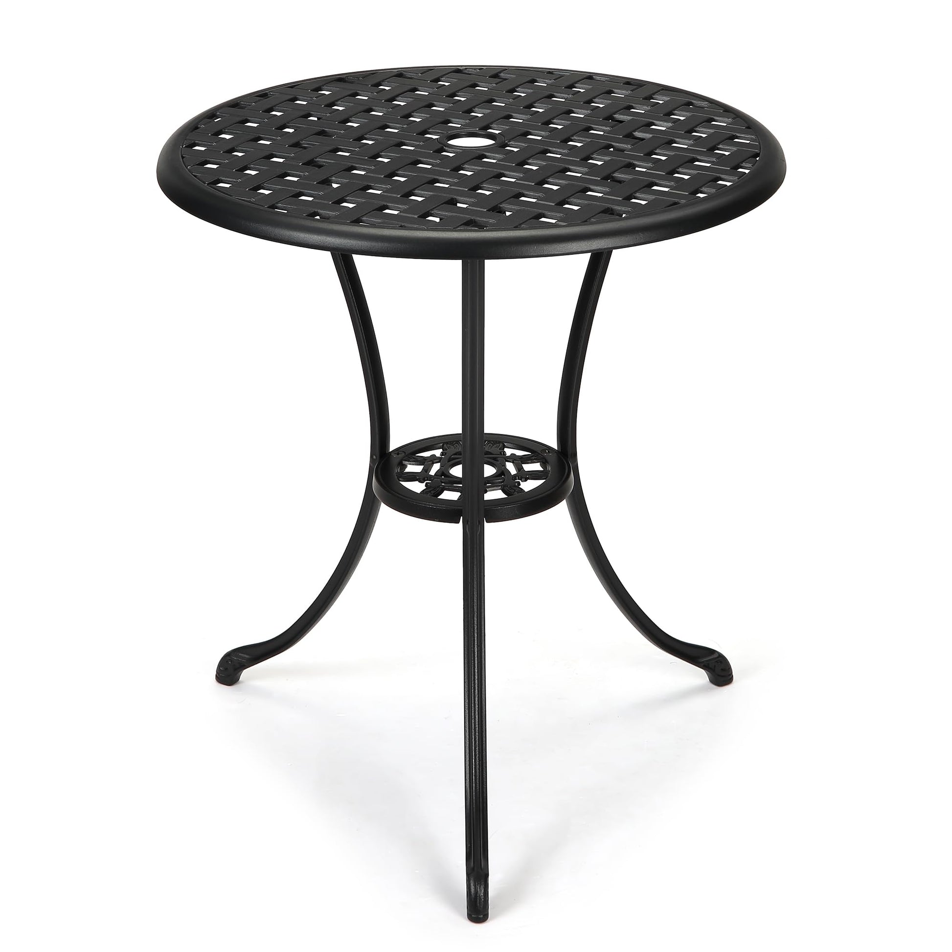 Table de bistrot Garvee Patio ronde de 61 cm (24 po) avec trou pour parasol de 5 cm (2 po), en aluminium résistant aux intempéries et structure en fer robuste, noir classique, pour balcon et jardin.