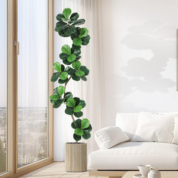 Garvee Ficus lyrata artificiel 213 cm en forme de S, pot blanc, feuilles en soie réalistes et branches ajustables, intérieur et extérieur