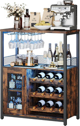 Garvee meuble à vin casier à bouteilles Industriel Avec LED Réglable Bois Rangement Bouteilles Et Verres 70 × 35 × 92 cm Salon Et Cuisine