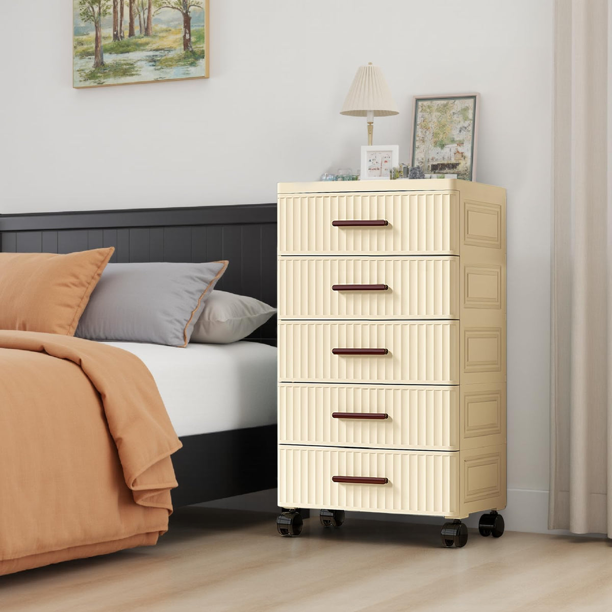 Garvee Meuble de rangement multifonctionnel à 5 tiroirs, roulettes, plastique, couleur crème, 48cm, pour chambre et salon
