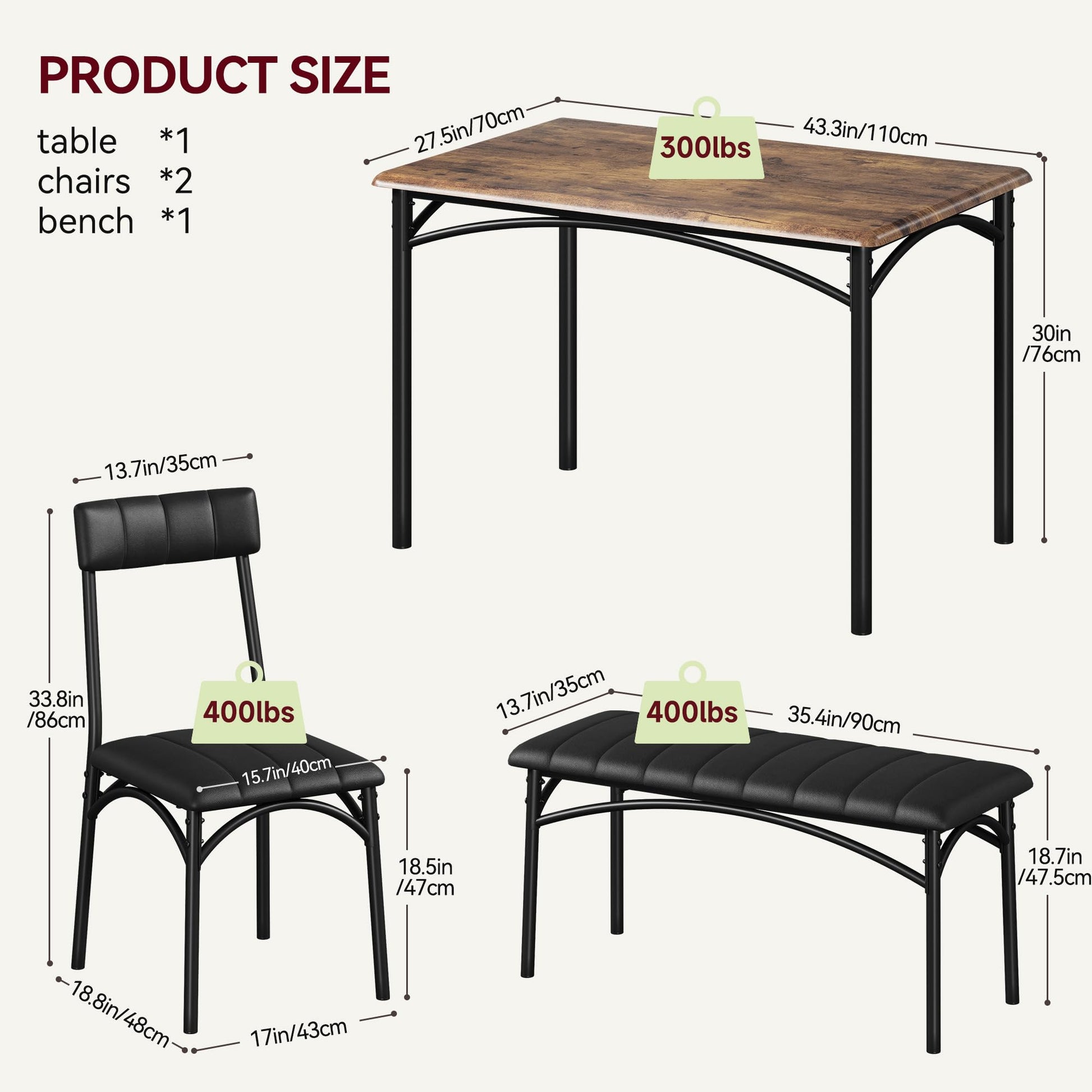 Garvee Ensemble table à manger 4 personnes avec table de cuisine, chaises et banc rembourrés, plateau MDF, structure métal, gain de place pour studio et appartement