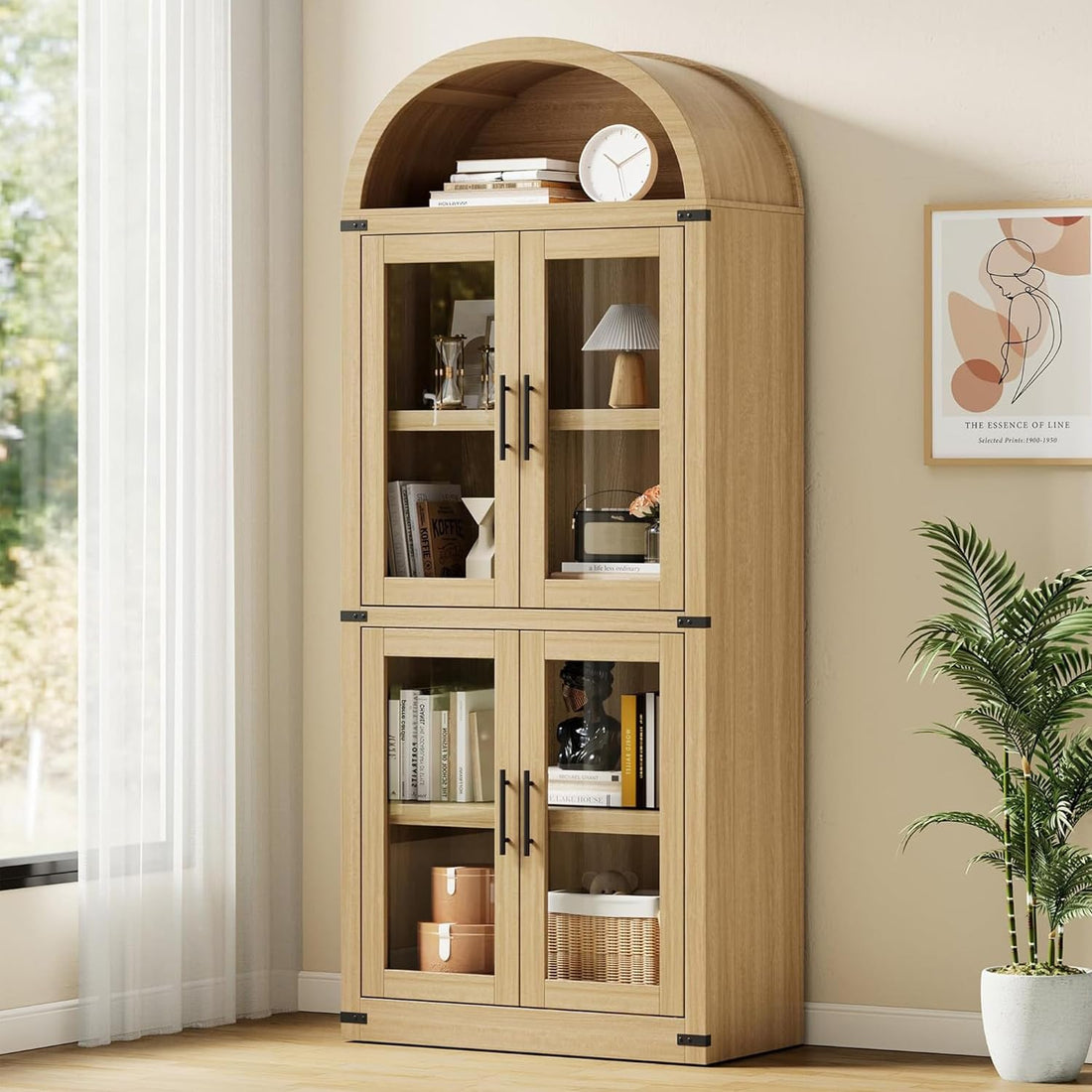 Garvee Bibliothèque Arquée avec Portes en Verre, Armoire de Rangement Style Campagne en MDF, 181,2 cm, pour Salon et Bureau