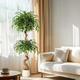 Ficus artificiel Garvee de 1,5 m avec tronc courbé, plus de 1134 feuilles en soie, pot blanc pour bureau et salon - 