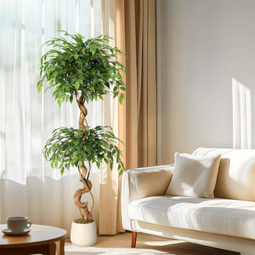 Ficus artificiel Garvee de 1,5 m avec tronc courbé, plus de 1134 feuilles en soie, pot blanc pour bureau et salon