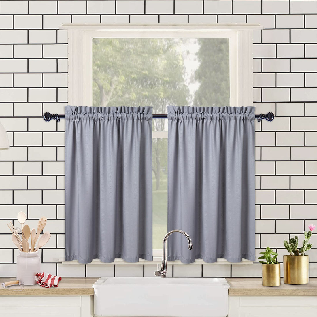 Rideaux de cuisine imperméables Garvee à texture en relief, rideaux courts style café pour cuisine et salle de bain, 2 x 30 x 60 cm, gris