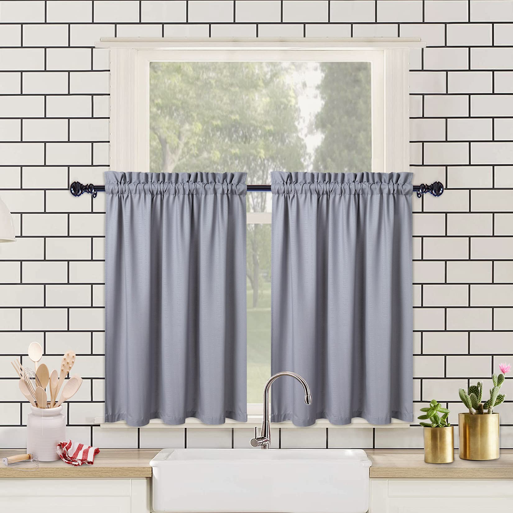 Rideaux de cuisine imperméables Garvee à texture en relief, rideaux courts style café pour cuisine et salle de bain, 2 x 30 x 60 cm, gris
