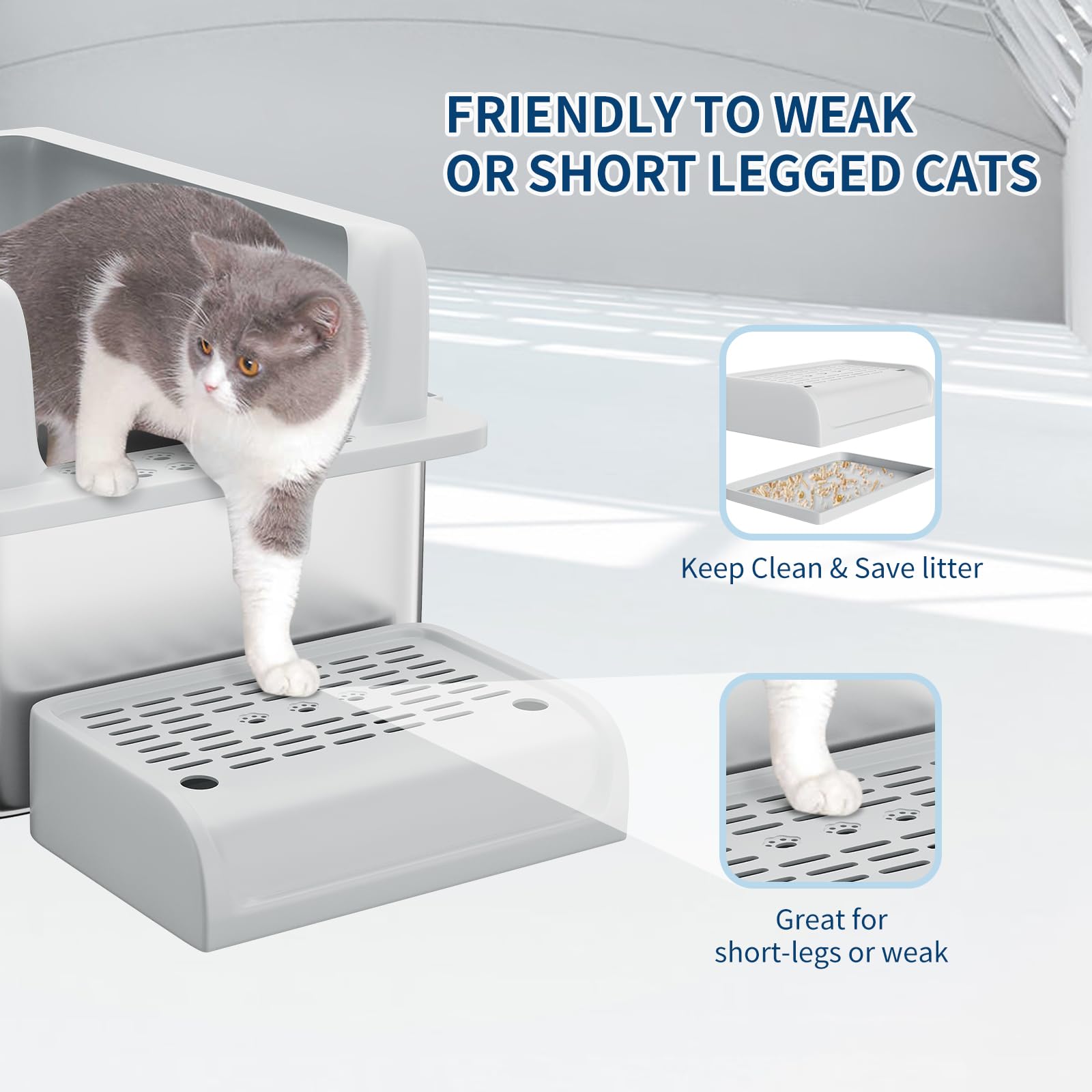 Garvee Bac à litière XL en acier inoxydable pour grands chats, caisse fermée avec couvercle, bords hauts anti-fuite, facile à nettoyer, avec pelle et marchepied