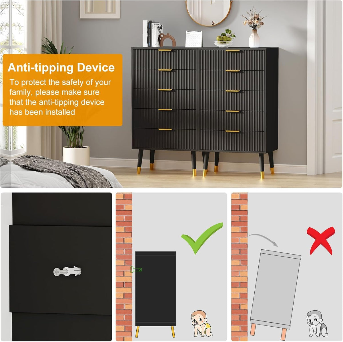 Garvee commode moderne à 5 tiroirs en MDF, pieds en métal, poignées dorées, protection anti-basculement