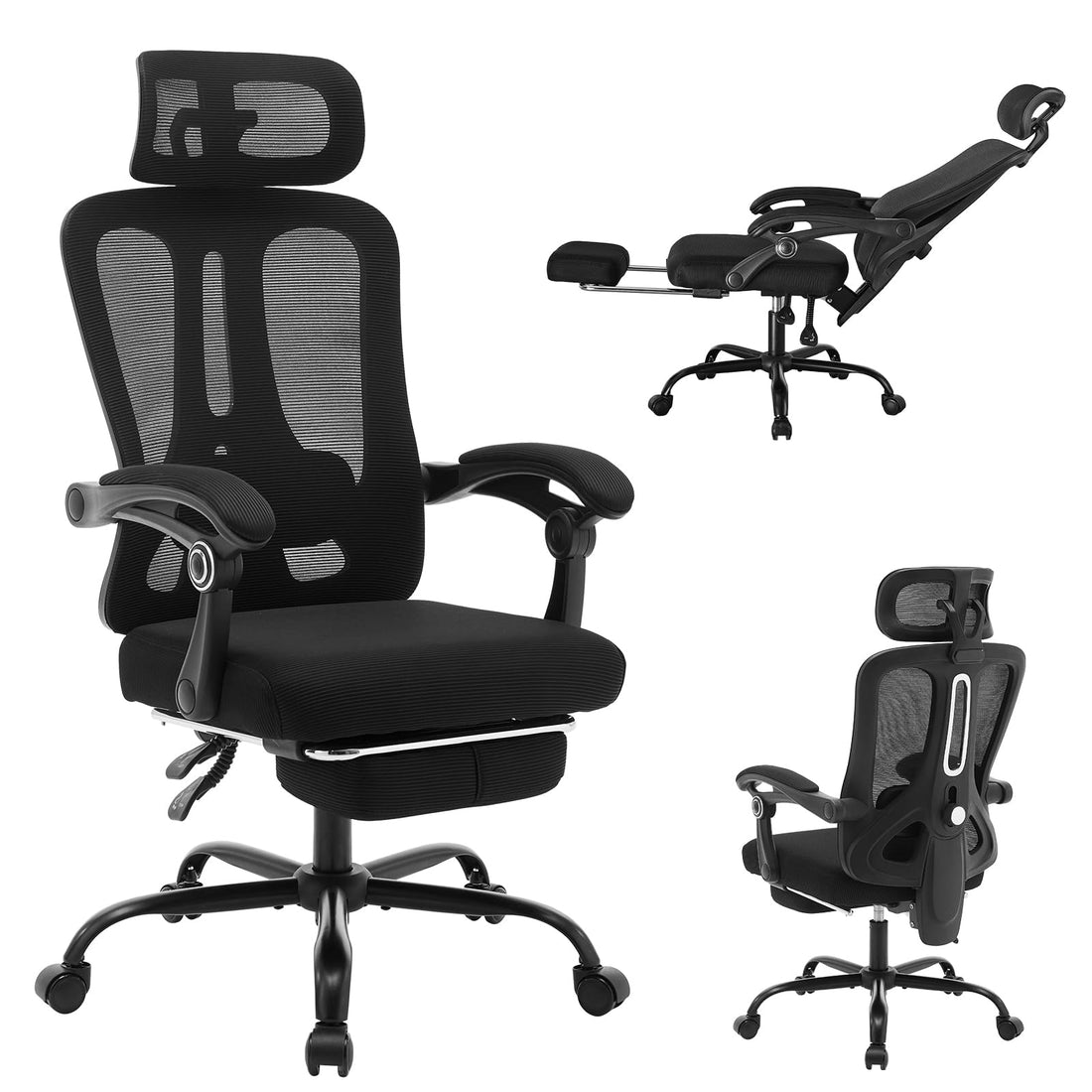 Garvee Chaise de bureau ergonomique avec soutien lombaire réglable, repose-pieds, maille respirante, pour le bureau et le gaming, réglable, noire