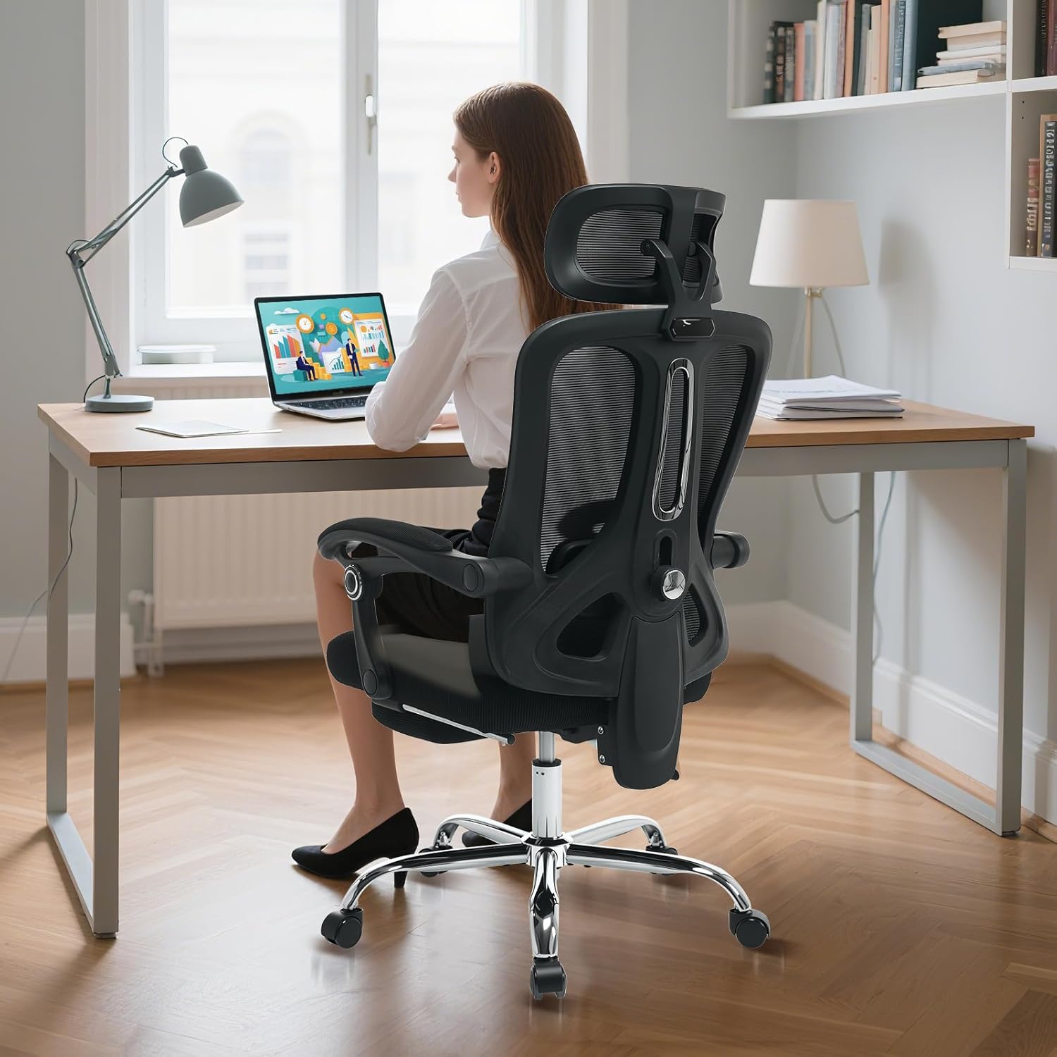 Garvee Chaise de bureau ergonomique avec appui-tête réglable, soutien lombaire et repose-pieds, tissu en maille respirante, noire