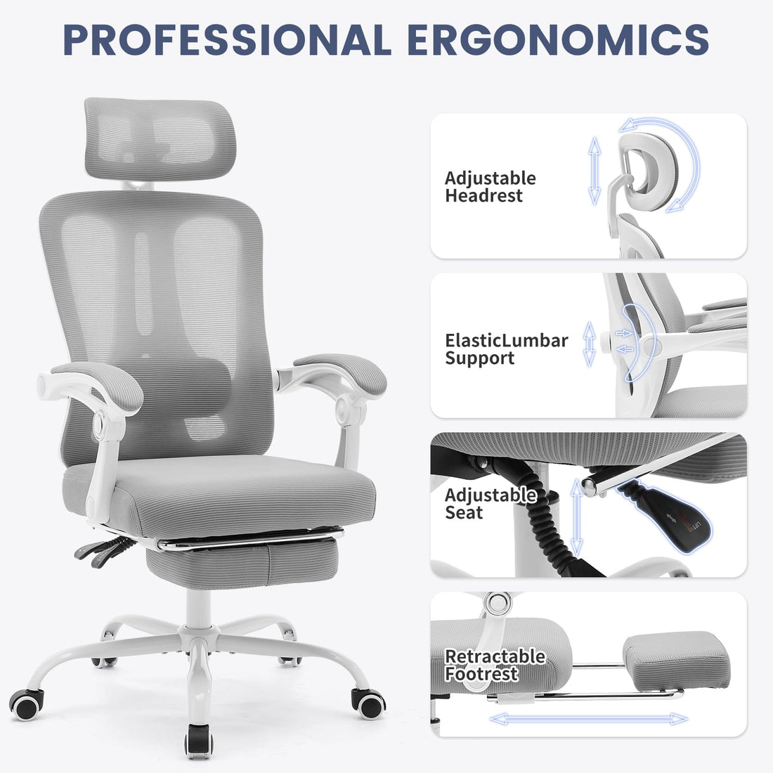 Garvee Chaise de bureau ergonomique en maille respirante et confortable, avec soutien lombaire et repose-pieds réglables
