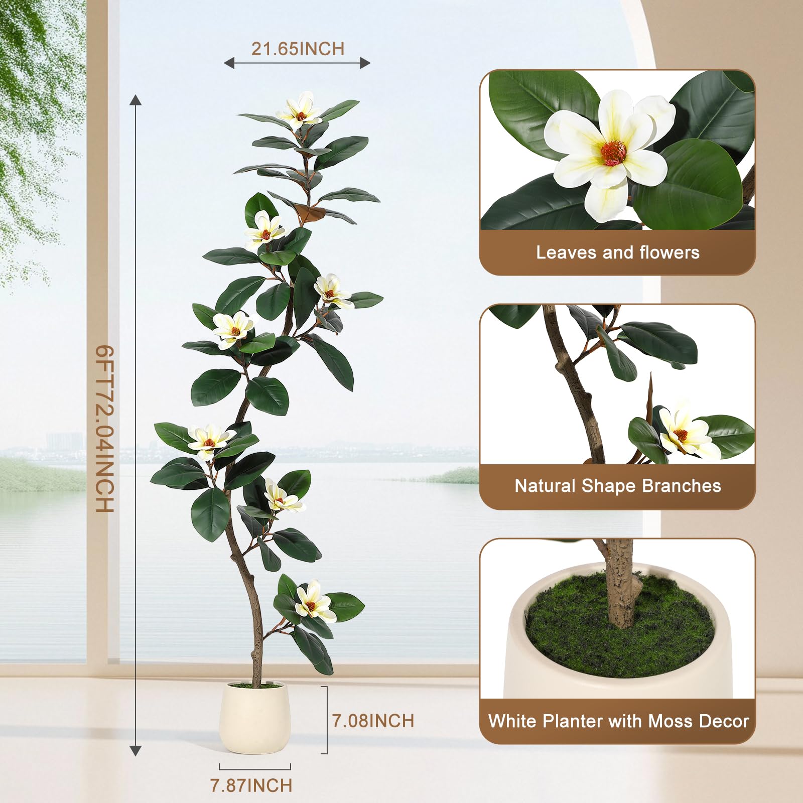 Garvee Arbre artificiel caoutchouc 183 cm en pot blanc, plante d’intérieur avec 7 fleurs de magnolia, idéale salon, bureau et décoration maison.