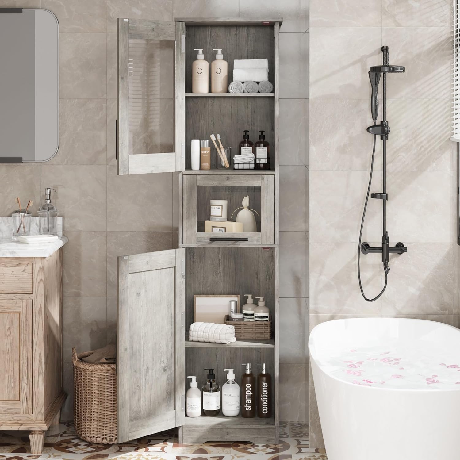 Meuble de salle de bain haut et étroit Garvee avec étagère réglable pour petits espaces, 170 cm, MDF, design moderne, portes vitrées, blanc