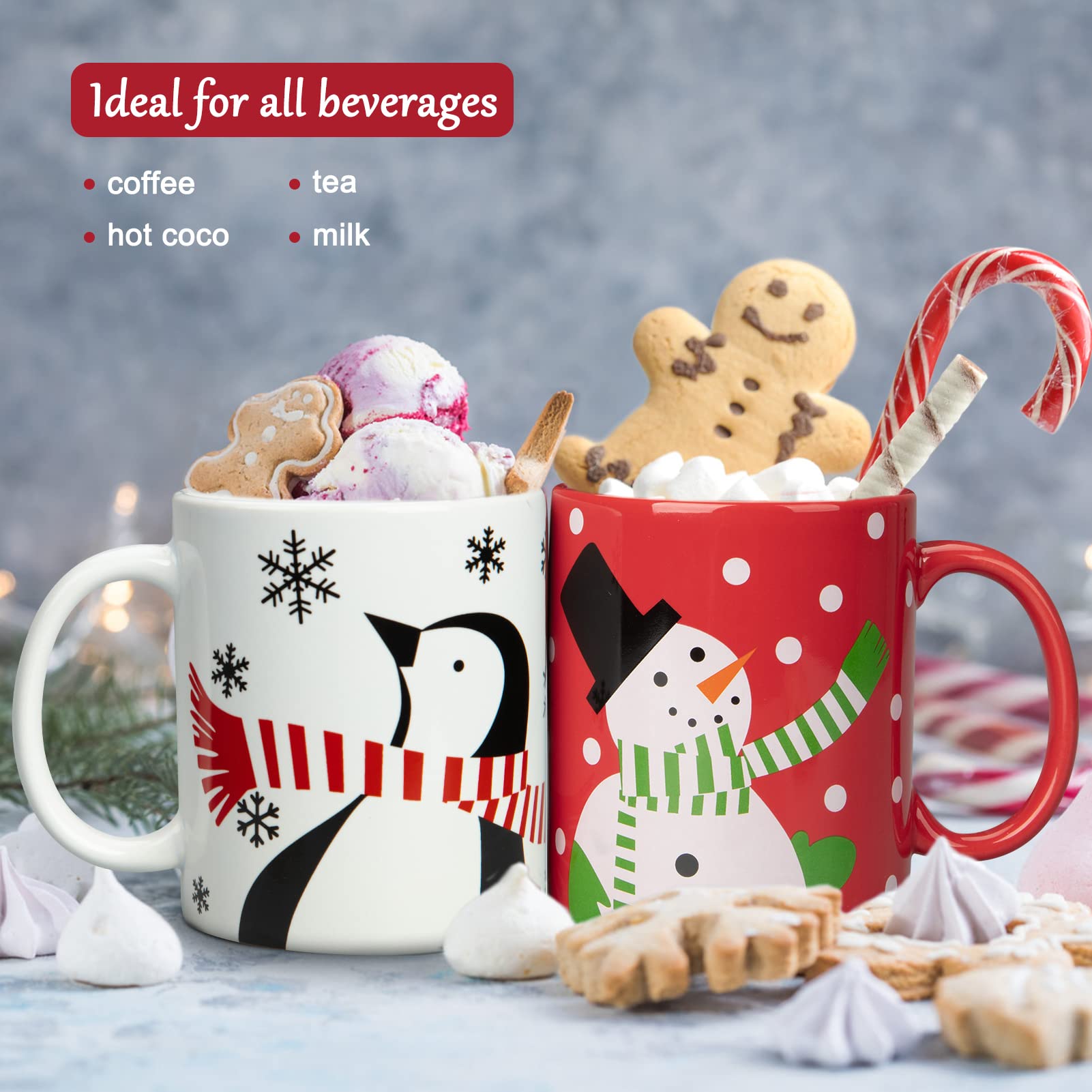 Coffret de 2 tasses de Noël Garvee, Bonhomme de neige et Pingouin, 35 cl, Céramique, Compatible micro-ondes et lave-vaisselle, Coffret cadeau, Décor festif
