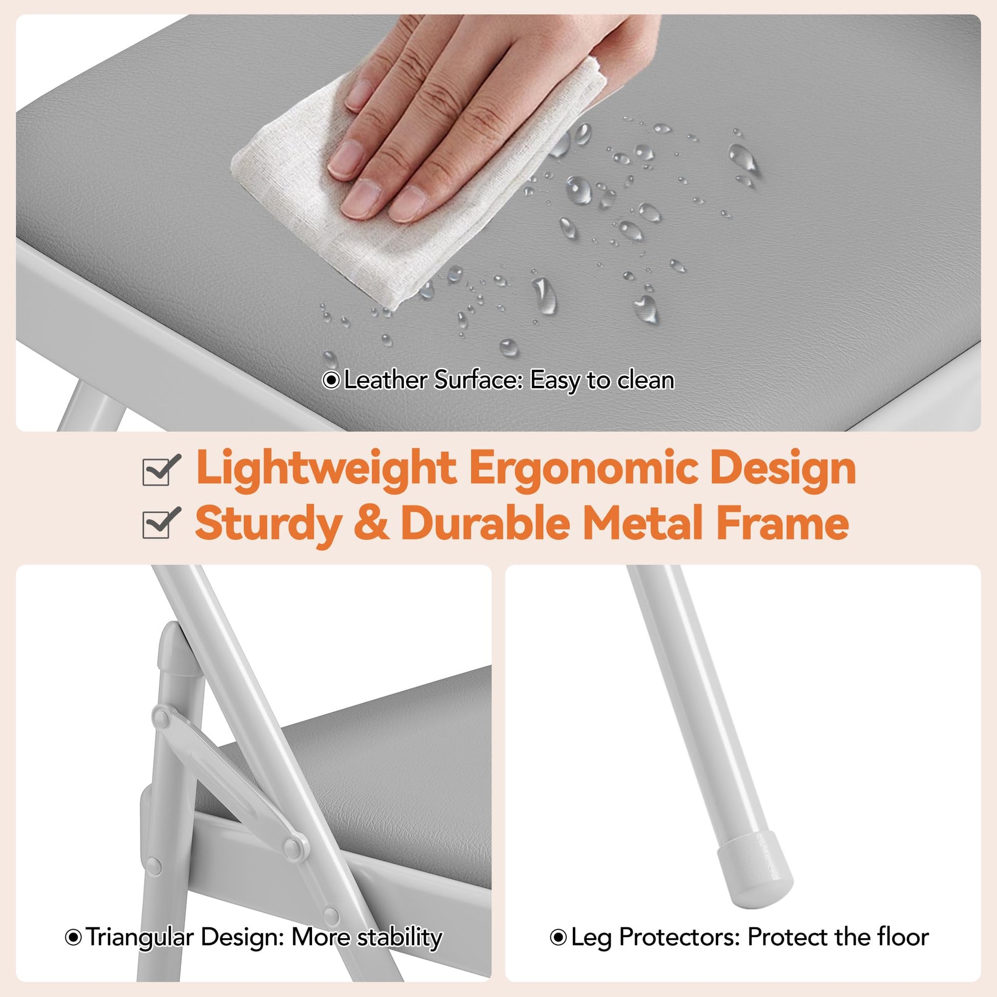 Ensemble de 4 chaises pliantes Garvee avec rembourrage épais en PU, pieds en métal et patins antidérapants, pour le bureau et les événements, grises, ergonomiques et empilables.