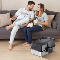 Garvee Bac à litière en acier inoxydable avec couvercle, extra large, bords hauts, inodore, pour chats jusqu'à 15 kg, argent