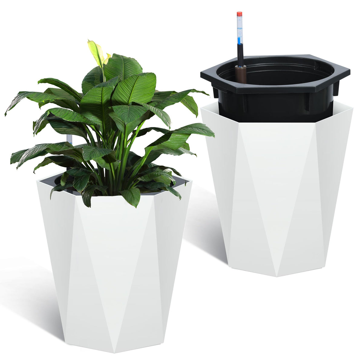 Garvee Lot de 2 jardinières diamant de 40 cm de haut, à arrosage automatique avec indicateur de niveau d'eau et roulettes, blanches, pour balcon et salon