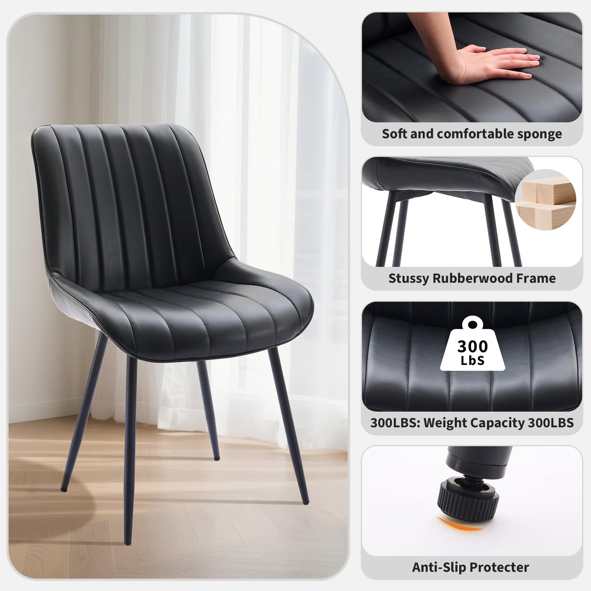 Ensemble de 2 chaises de salle à manger Garvee, chaises modernes en similicuir, assise rembourrée, pieds en métal, pour cuisine et restaurant, noires