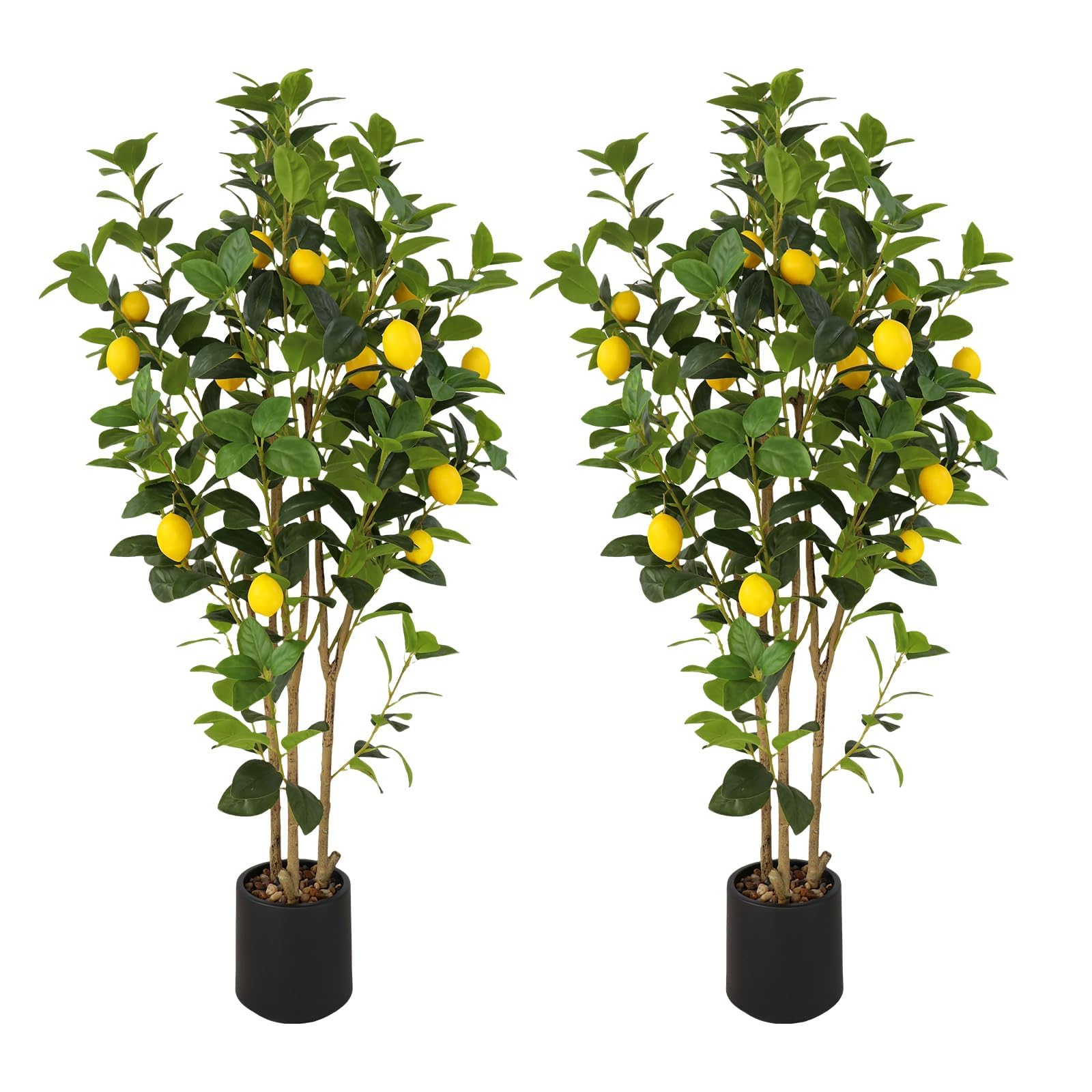 Citronnier artificiel Garvee (lot de 2), 120 cm, avec fruits réalistes, pour intérieur et extérieur, vert et jaune, pot en plastique