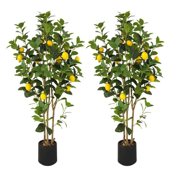 Citronnier artificiel Garvee (lot de 2), 120 cm, avec fruits réalistes, pour intérieur et extérieur, vert et jaune, pot en plastique