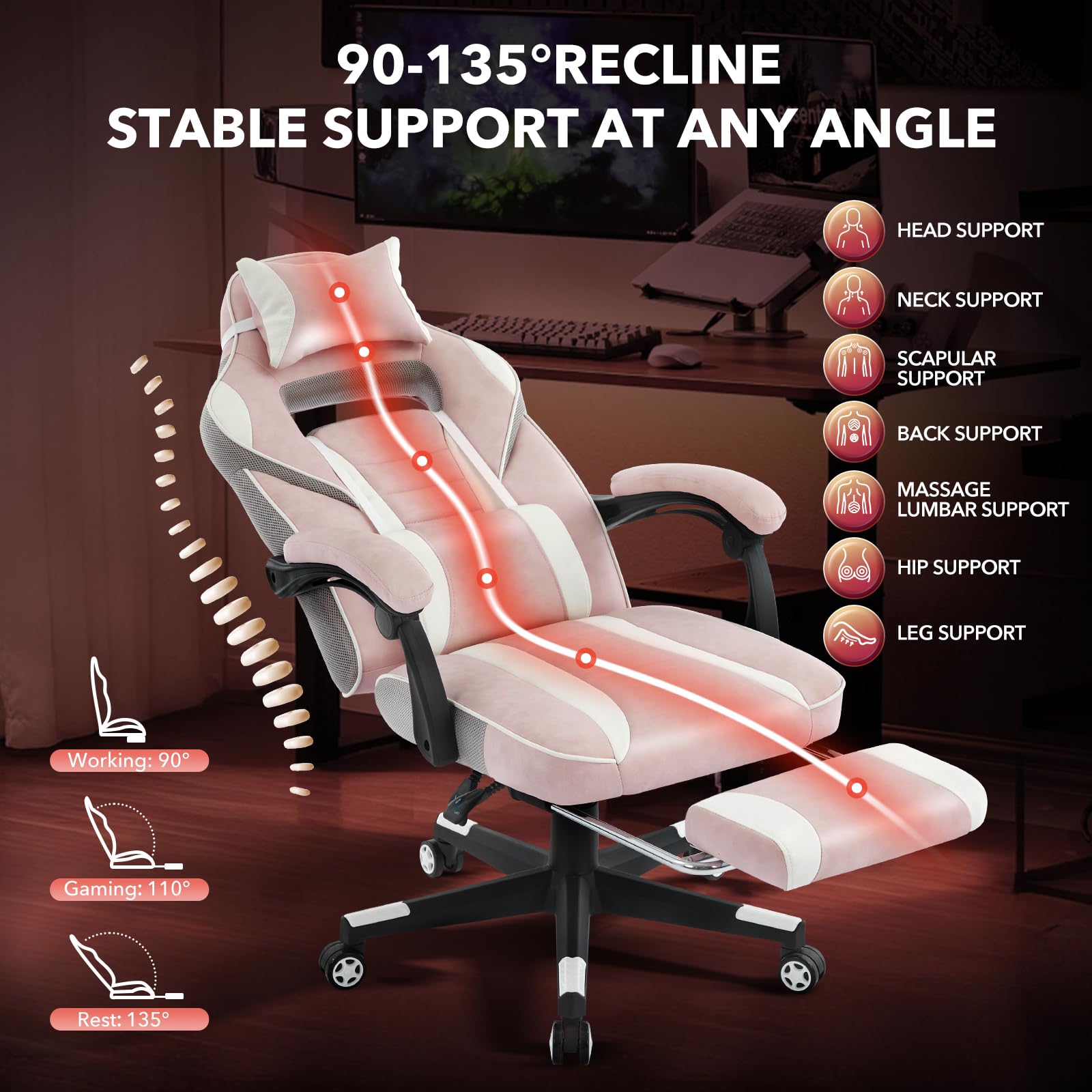 Garvee Chaise gaming ergonomique rose avec repose-pieds, appui-tête et soutien lombaire, pivotante 360°, hauteur réglable, capacité 136 kg, adulte et ado