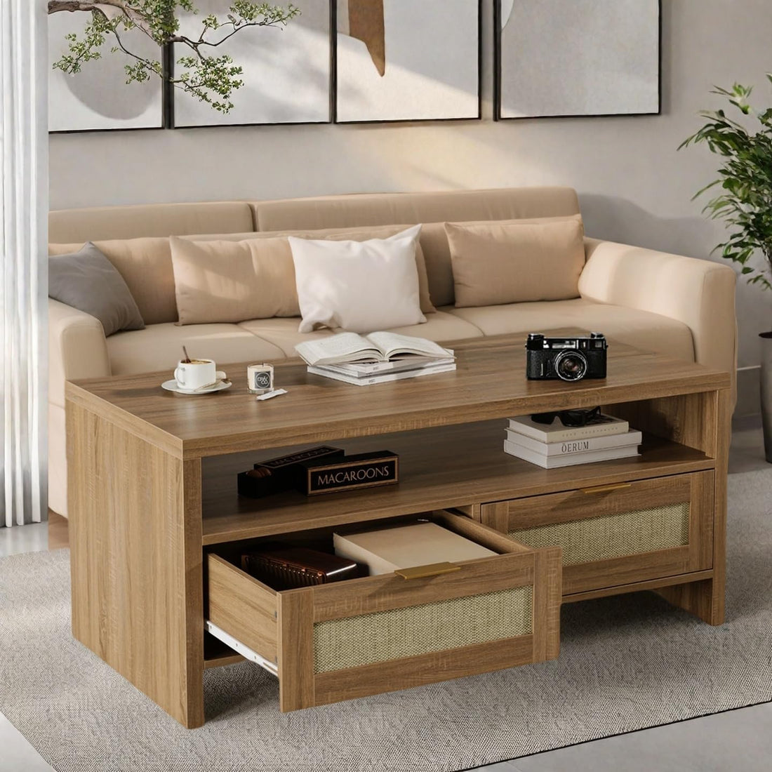 Table basse Garvee Boho à 2 niveaux avec rangement, rotin et MDF, 2 tiroirs, style milieu du siècle, chêne, salon et chambre